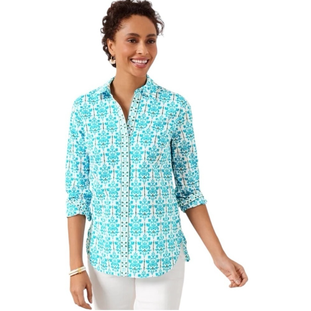 Talbots Modern Classic Button Down Shirt Damask Bouquet‎ Size Medium Feminine